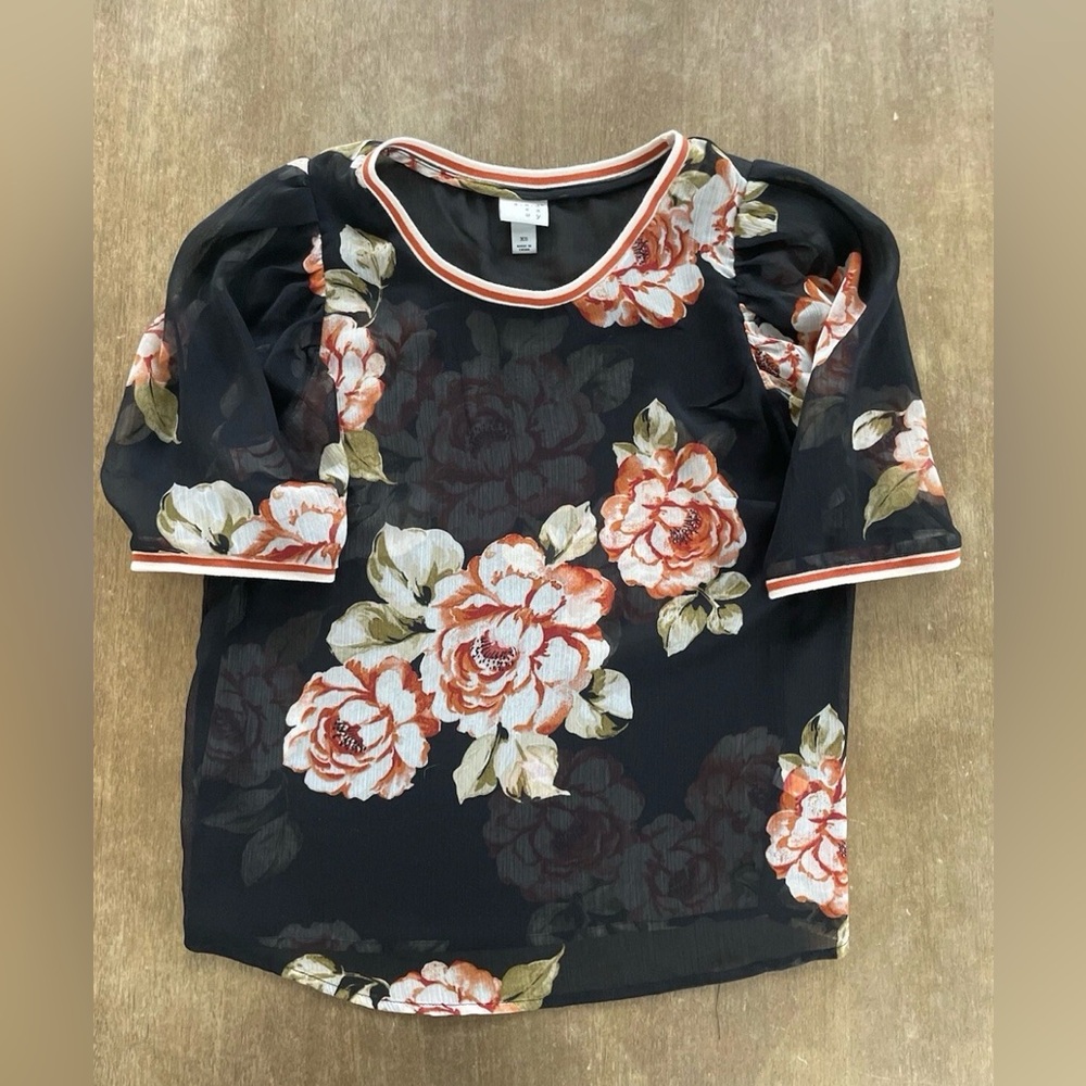 a new day Black Floral Sheer Blouse with Sporty Collar and Cuff Details